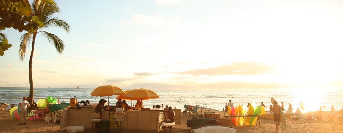 Hawaii beach with turquoise waters and palm trees.