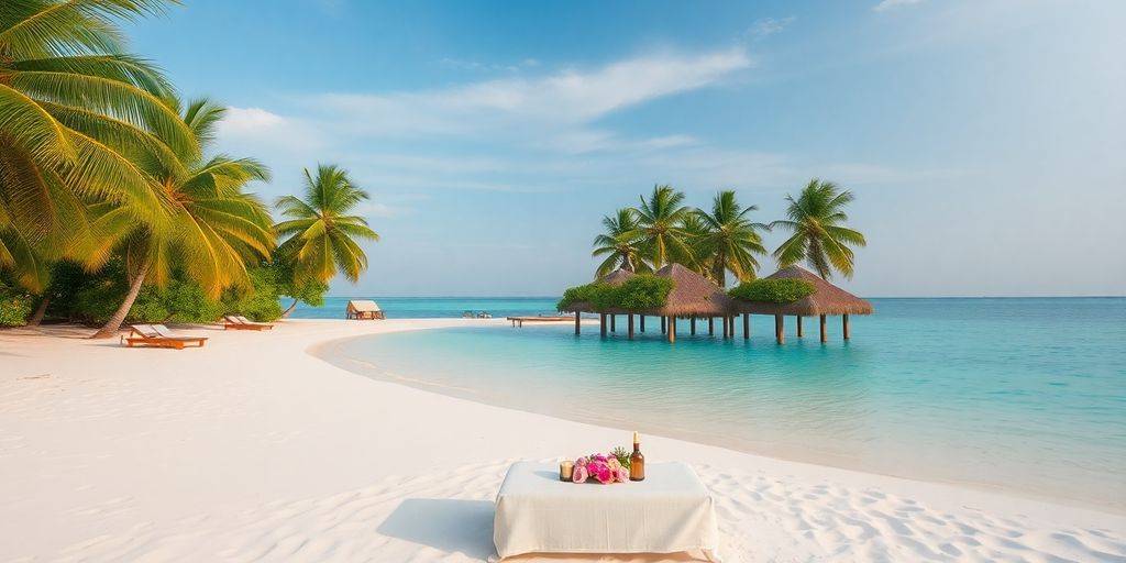 Tranquil Maldives beach with spa setup and palm trees.
