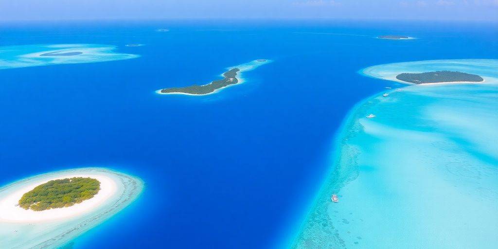 Aerial view of Maldives with turquoise waters and beaches.