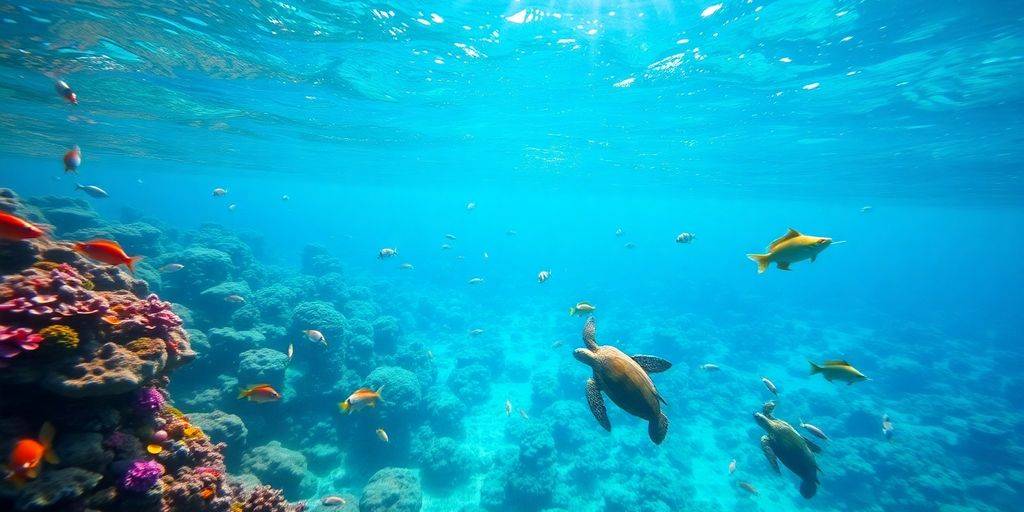 Colorful coral reef with tropical fish in Maldives.