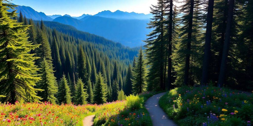 Lush forest and mountains with a hiking trail.
