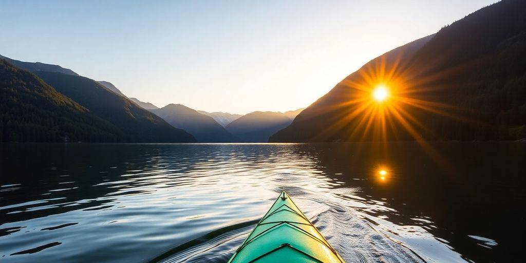 Kayaker on Lake Crescent at sunset in Olympic National Park.