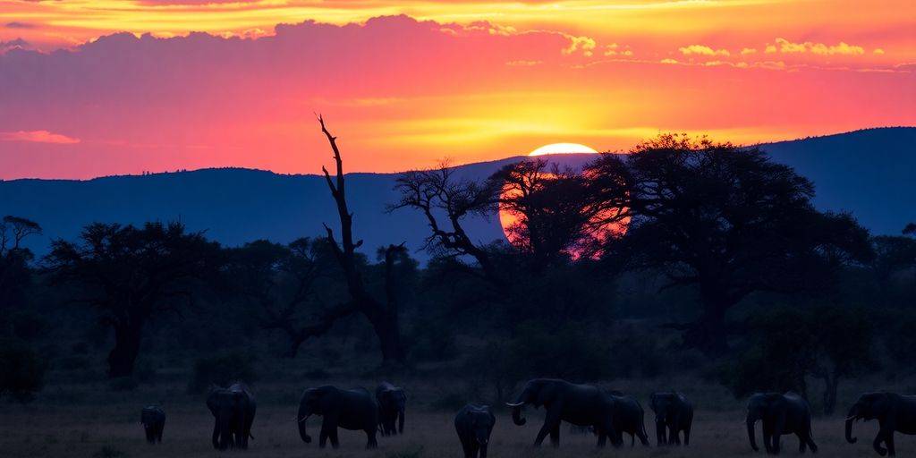 Elephants in South Africa's savannah at sunset.