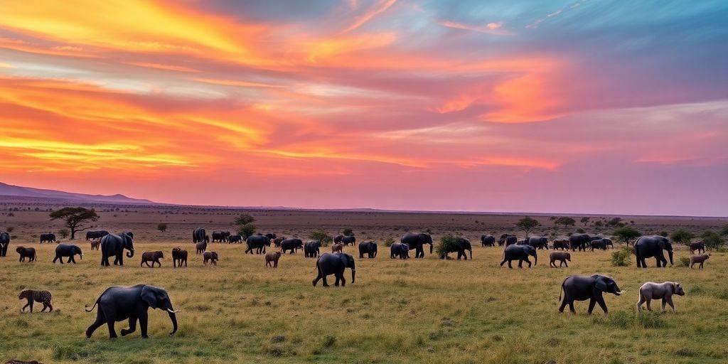 South African safari with elephants and lions at sunset.