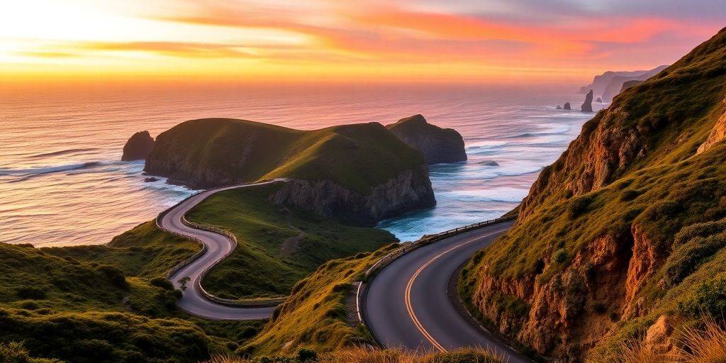Winding coastal road with cliffs and ocean waves.