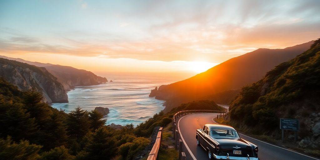 Classic car on Pacific Coast Highway at sunset.
