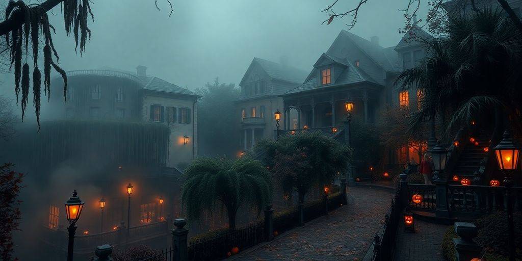 Historic Savannah with jack-o'-lanterns and autumn leaves.