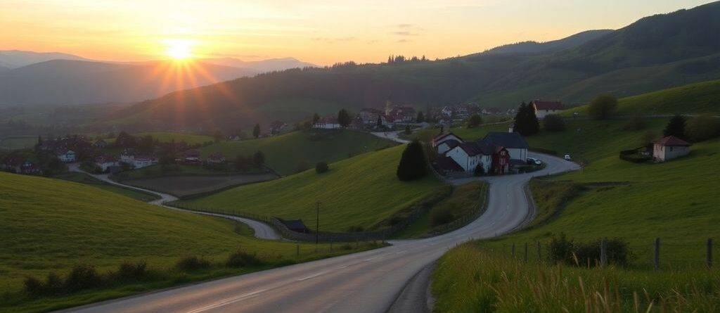 Winding road through beautiful European countryside at sunset.