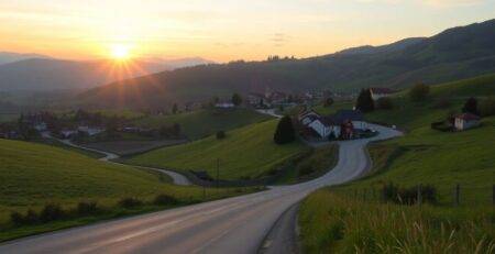 Winding road through beautiful European countryside at sunset.