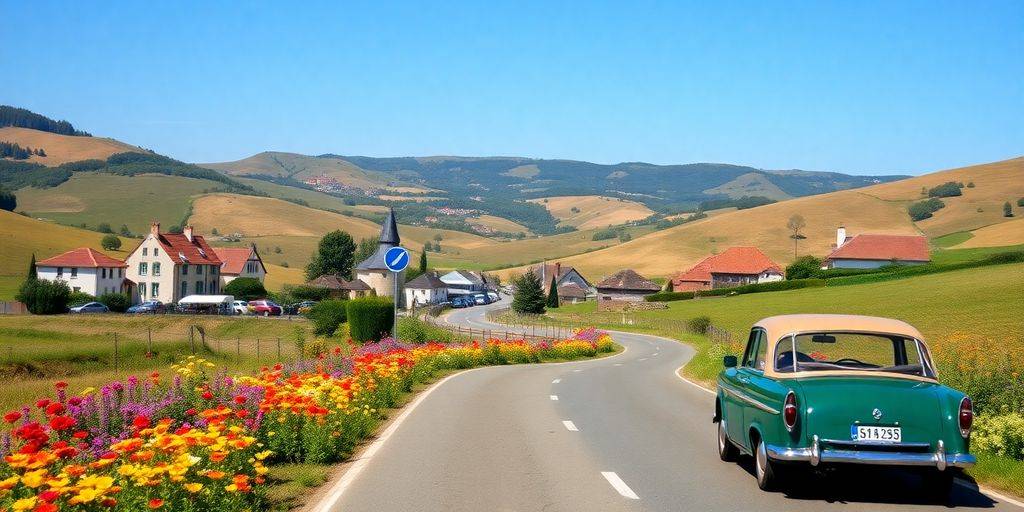 Winding road through European countryside with a classic car.