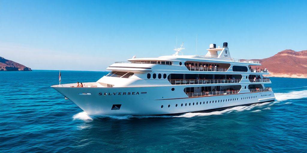 Silversea cruise ship on clear blue waters.