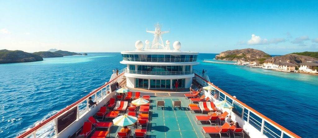 Cruise ship on blue waters with sunny skies.