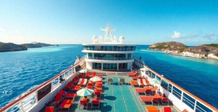 Cruise ship on blue waters with sunny skies.