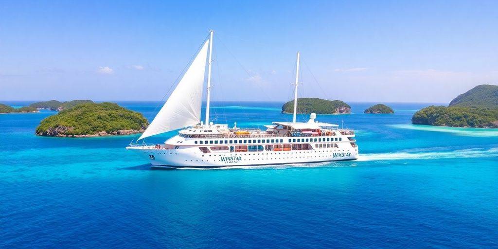 Windstar cruise ship on turquoise waters with sails up.