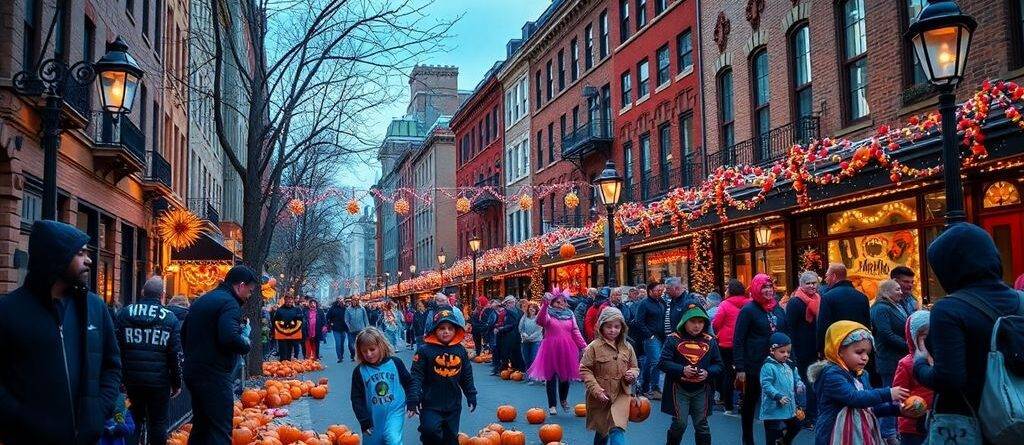 Halloween celebration in Philadelphia with costumes and pumpkins.
