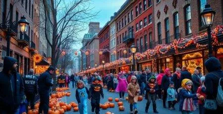 Halloween celebration in Philadelphia with costumes and pumpkins.