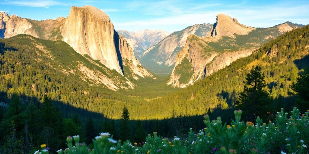 Yosemite National Park landscape with cliffs and wildflowers.