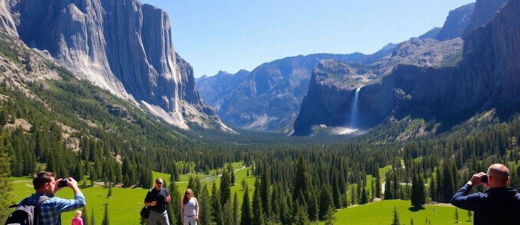 Yosemite National Park with cliffs, meadows, and waterfalls.