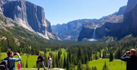 Yosemite National Park with cliffs, meadows, and waterfalls.