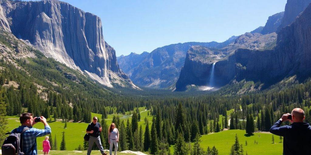 Yosemite National Park with cliffs, meadows, and waterfalls.