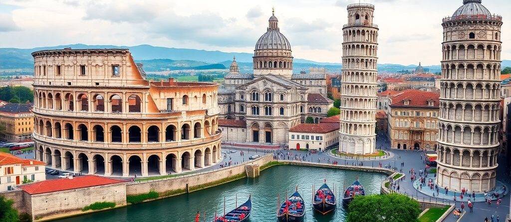 Iconic Italian landmarks including Colosseum and Leaning Tower.