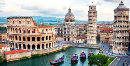 Iconic Italian landmarks including Colosseum and Leaning Tower.
