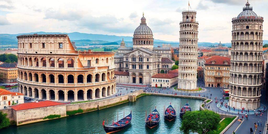 Iconic Italian landmarks including Colosseum and Leaning Tower.