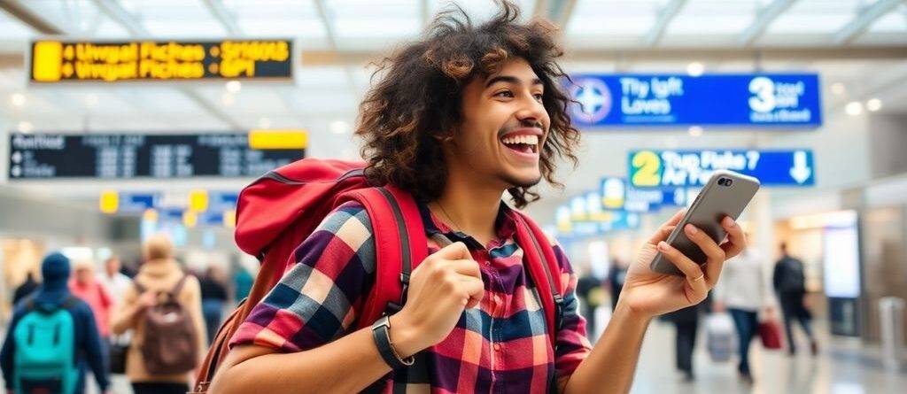 Traveler checking smartphone for cheap flight deals.