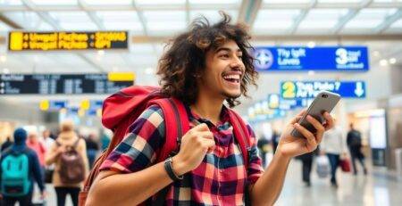 Traveler checking smartphone for cheap flight deals.