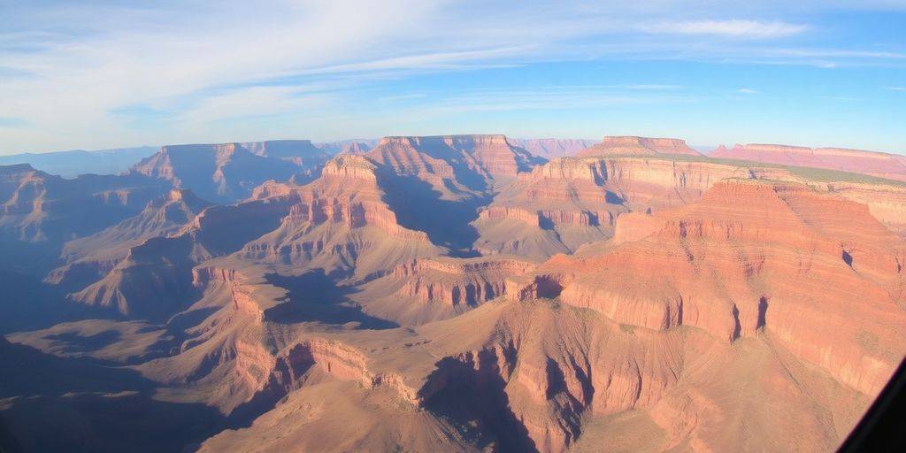 Aerial view of the Grand Canyon from a helicopter.