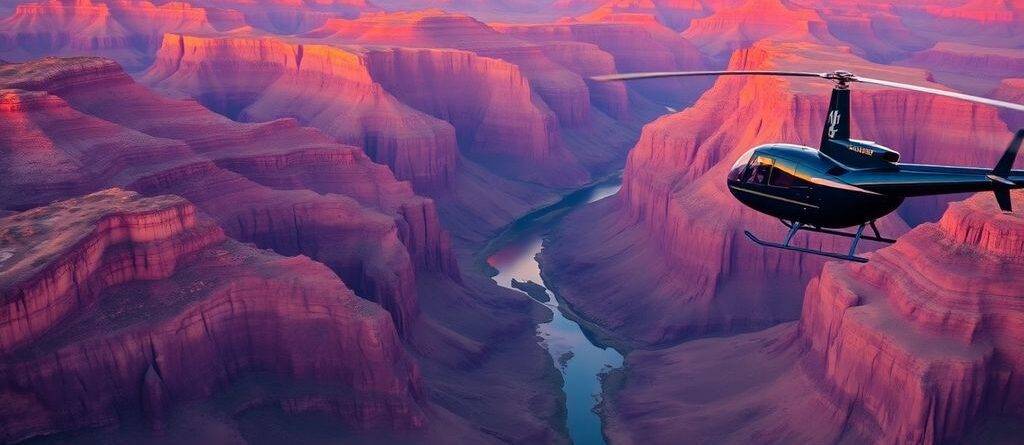 A helicopter flying over the Grand Canyon at sunrise.