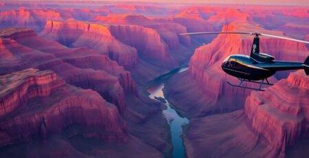 A helicopter flying over the Grand Canyon at sunrise.