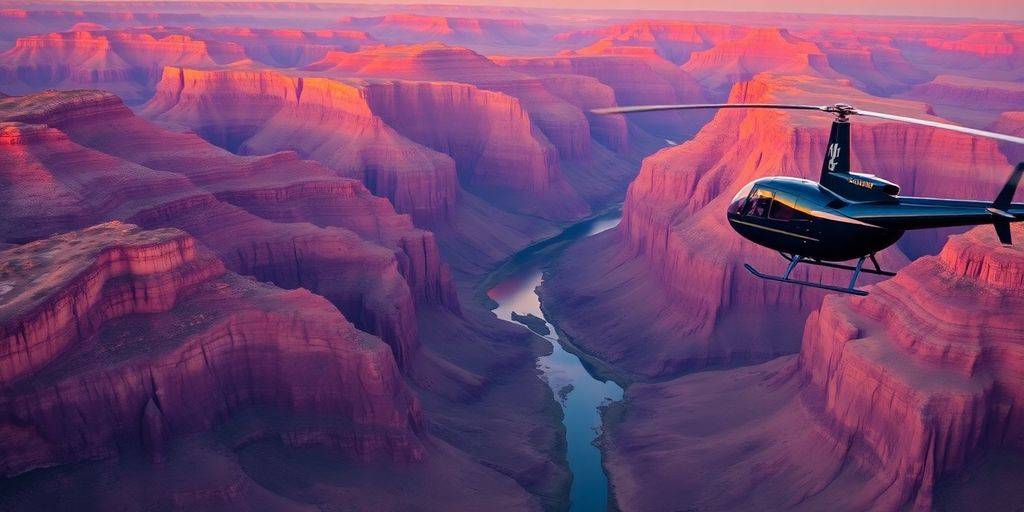 A helicopter flying over the Grand Canyon at sunrise.