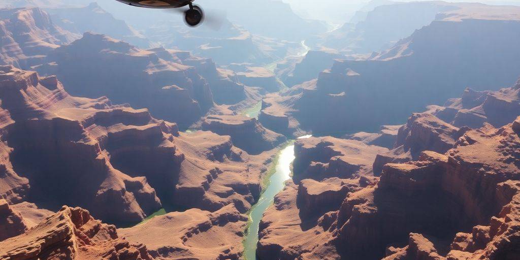 Aerial view of the Grand Canyon with a helicopter.