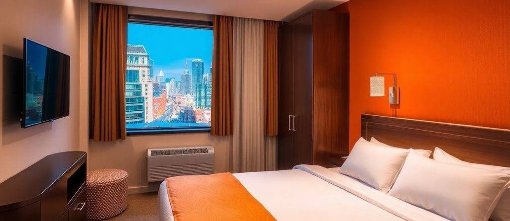 Budget hotel room with a city view and cozy decor.