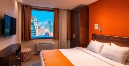 Budget hotel room with a city view and cozy decor.