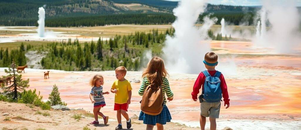 Kids exploring Yellowstone's geothermal features and wildlife.