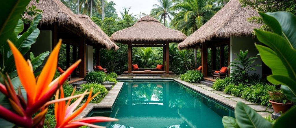 Unique Bali accommodation surrounded by lush greenery and flowers.