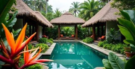 Unique Bali accommodation surrounded by lush greenery and flowers.