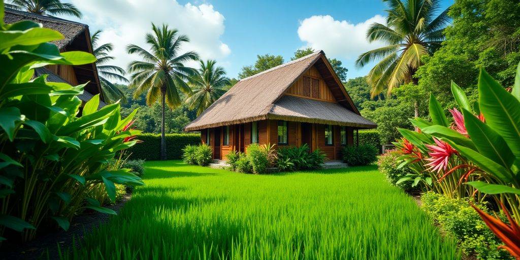 Bamboo bungalow nestled in lush Bali greenery.