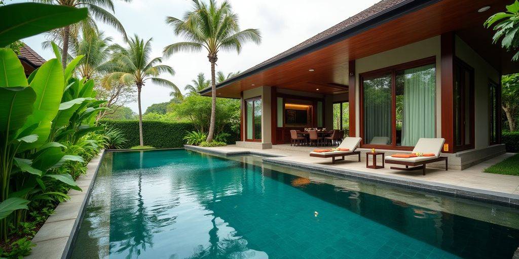 Luxurious Bali villa with pool and tropical greenery.