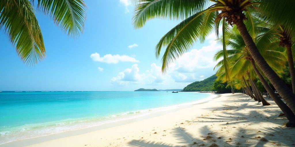 Beautiful Bali beachfront with clear blue waters and palms.