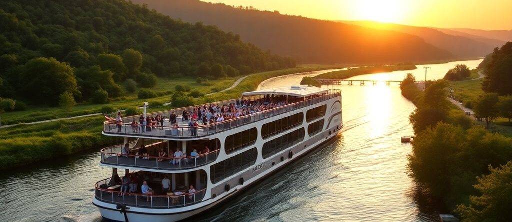 River cruise ship sailing through beautiful green landscapes.