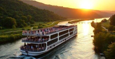 River cruise ship sailing through beautiful green landscapes.