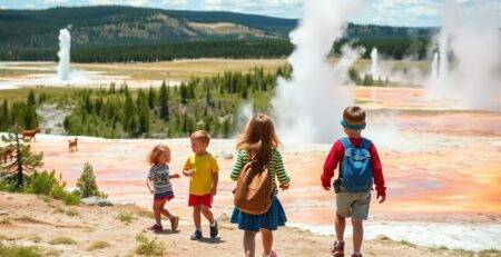 Kids exploring Yellowstone's geothermal features and wildlife.