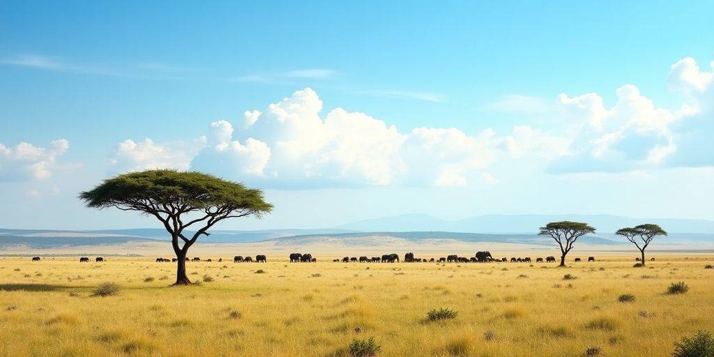 African savanna with elephants and acacia trees under blue sky.