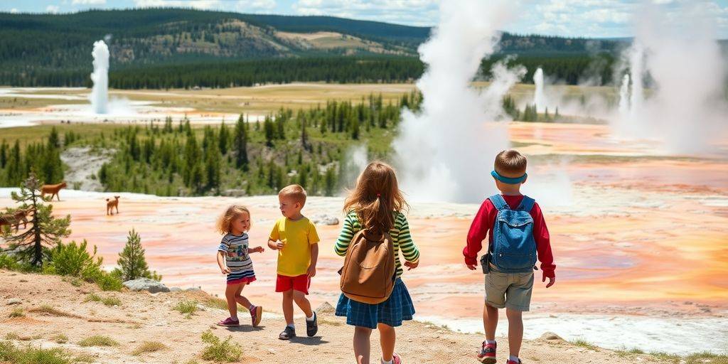 Kids exploring Yellowstone's geothermal features and wildlife.