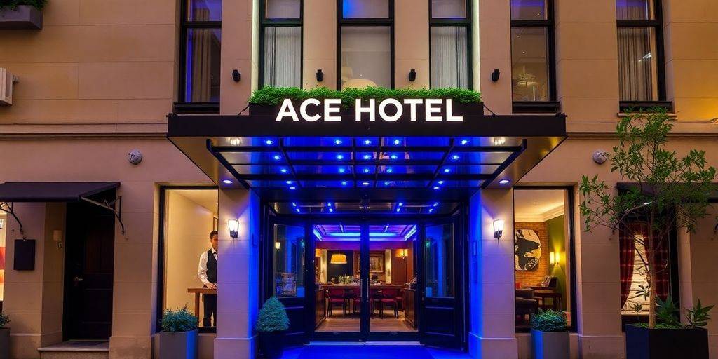 Ace Hotel Sydney entrance with modern architecture and lighting.