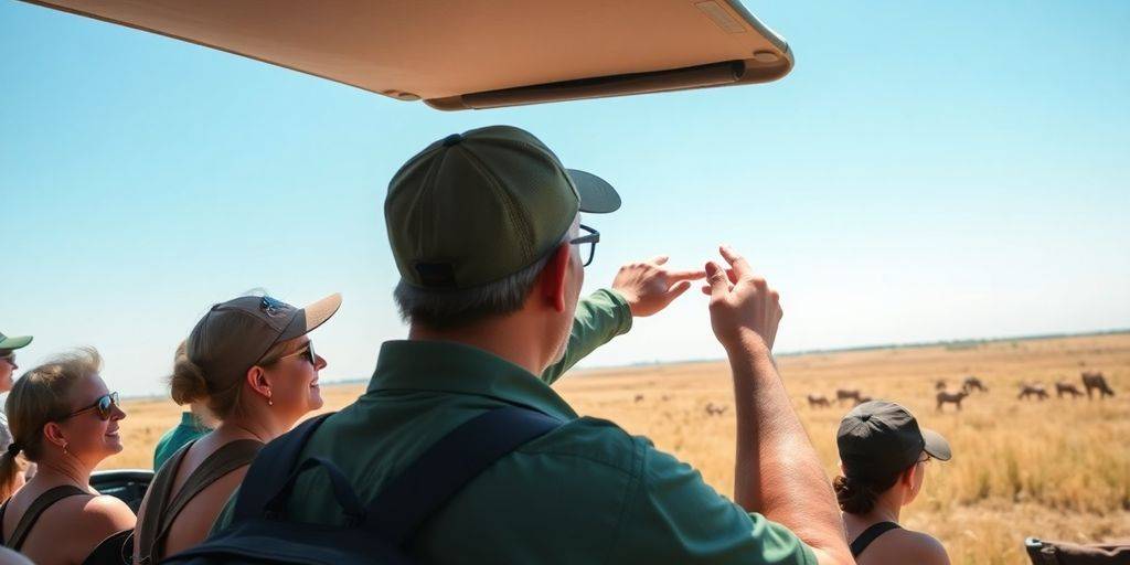 Safari guide pointing out wildlife to tourists.