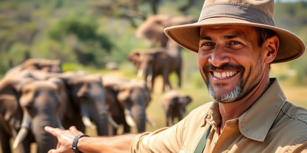 Safari guide with elephants in the background.